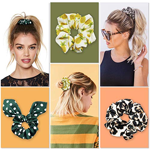Scrunchies for Hair, 12 Pack Hair Elastics Scrunchies, Cute Pineapple Hair Ties, Hair Bands with Leopard Pattern, Polka Dot Scrunchies with Ribbon, Great Gift for Women or Girls