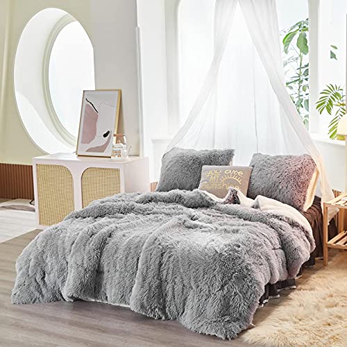 UOZZI BEDDING Gray Faux Fur Comforter Set King 3 Pieces 1 Shaggy