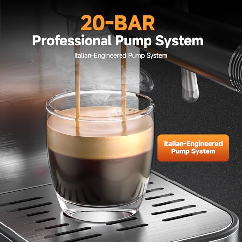 AMZCHEF Espresso Coffee Machines with 20 Bar Pressure, Self-Cleaning & Memory Function, LED Touch Screen, Compact Coffee Machine with Milk Frother for Home, Metallic Silver