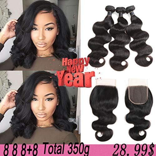8A Brazilian Body Wave Bundles with Closure 100% Unprocessed Virgin Hair Short Human Hair Bundles with Closure Free Part Natural Color 100g per Bundle Total 350g (8 8 8+8, Natural Black)