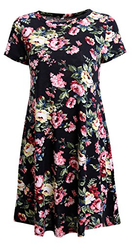 ETCYY Women's Sundress Short Sleeve Printed Floral Summer Casual T-shirt Dress,Black,Large