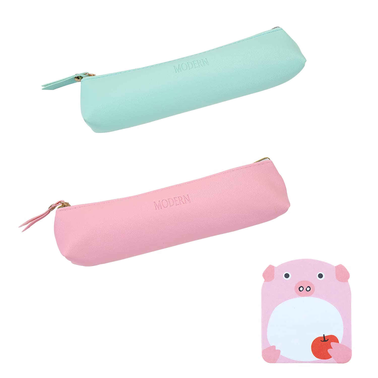 BEIIEB 2pcs Leather Pencil case, Pencil case, Stationery Bag, Storage Bag, with 20 Sticky Notes; for Stationery, pens, Makeup Brushes, toiletries, Suitable for Boys and Girls (Green, Pink)