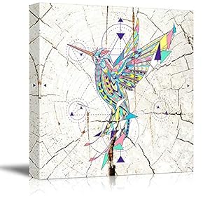 Square Canvas Wall Art - Abstract Colorful Hummingbirdon Vintage Wood Effect Background - Giclee Print Gallery Wrap Modern Home Art Ready to Hang - 12x12 inches