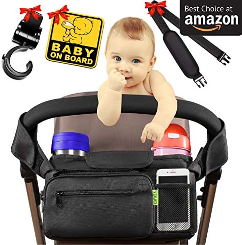 [Newest 2018] Best Stroller Organizer Stroller Accessories + Bonus Stroller Hook, Shoulder Strap & Baby on Board Sticker | with Insulated Cup Holders - Perfect for Jogging, Travelling or Shopping