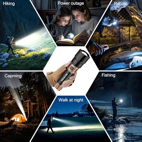SKYFIRE Tactical LED Torch Ultra Powerful 50000 Lumens - Adjustable Zoom, Ignition Lens, 4 Lighting Modes, Powerbank Function, IPX6 Waterproof for Outdoor, Camping (Black and Gold)