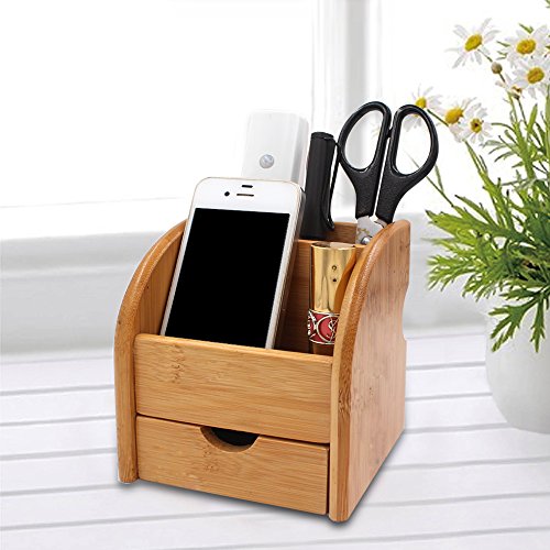 TV Remote Control Holder Caddy, Bamboo Desktop Office Supplies Storage Box Organizer With 2 Compartments 1 Drawer (Natural Bamboo)