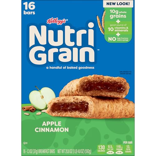 NUTRI-GRAIN BREAKFAST BARS, MADE WITH 10G WHOLE GRAINS, SNACK BARS, APPLE CINNAMON, 20.8OZ BOX (16 COUNT)