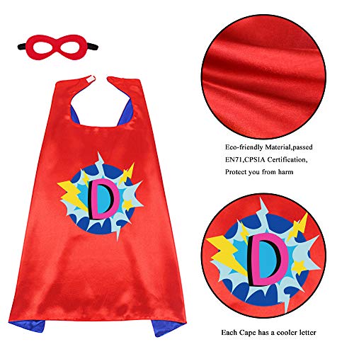Red Superhero-Cape and Mask for Kid Costume with Name 26 Letter Initial (Cape-D)