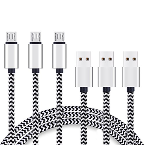 Micro USB Cable 6ft 3Pack by Ailun High Speed 2.0 USB A Male to Micro USB Sync Charging Nylon Braided Cable with 56k Ohm Pull-up Resistor for Smartphone Tablets Silver and Blackwhite