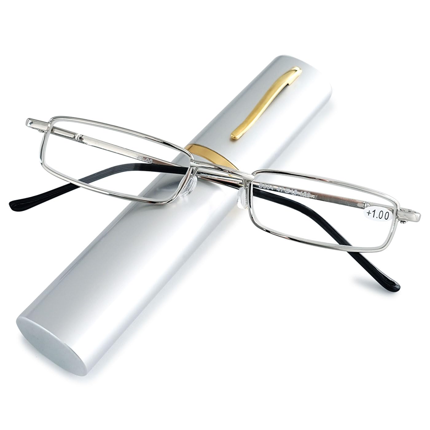 ABETOS Slim Pen Reading Glasses Blue Light Blocking Metal Readers In Tube Case Superlight Spring Hinge Pocket Portable Eyewear Thin Travel Eyeglasses 1.0+ 1.5+ 2.0+ 2.5+ 3.0+, Silver+2.0
