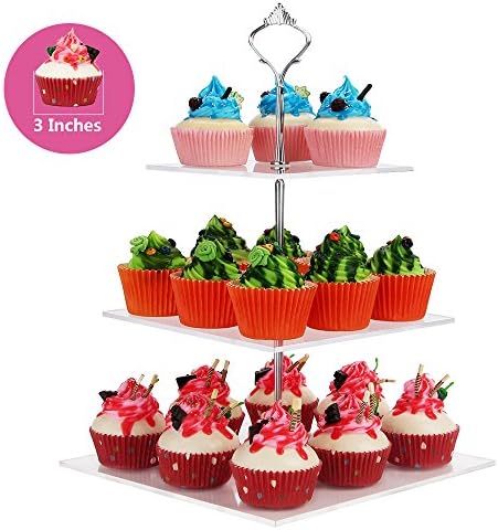 NeoBee 3-Tier Square layered Party Cake Stands with Silver Handle, With stainless steel screw connection, Cupcake rack, Food display stands (Every two layers spacing 4 inches,10x10x12inches)
