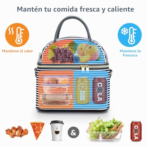 Hafmall Thermal Food Bag for Women and Men, Lunch Bag with Two Compartments, Work Lunch Bag, Stripes