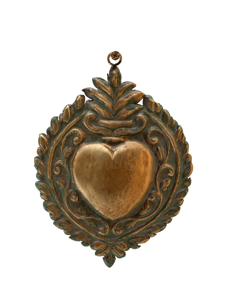 Ex-Voto Heart Gold Antique Green Patina in Metal with Flame and Fresco Dimensions 14 x 18 cm