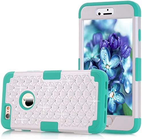 iPhone 6 Plus/6S Plus Case 5.5 Inch ALLW Hybrid Silicone Polycarbonate Protective case Shock Resistant Embedded with Bling Crystal Rhinestones Durable Sparkly Stylish (White + Aquamarine)