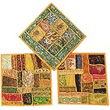 Set Of 3 Boho Decorative Indian Throw Pillow Cases Cotton Yellow Embroidered Patchwork Cushion Cover 16 " x 16 "