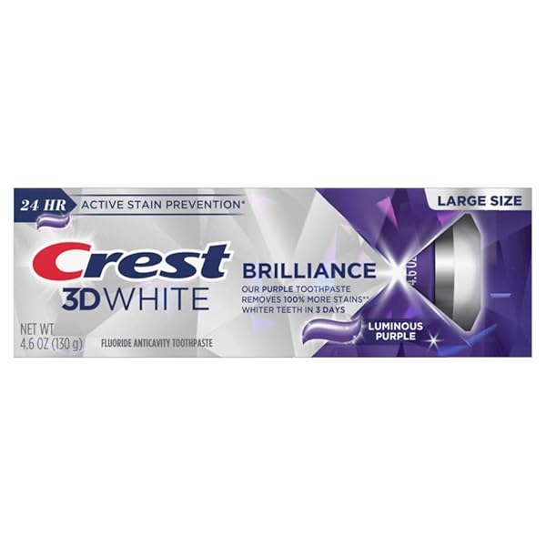 CREST 3D WHITE BRILLIANCE LUMINOUS PURPLE TEETH WHITENING TOOTHPASTE, 4.6 OZ PACK OF 3, ANTICAVITY FLUORIDE TOOTHPASTE, FIGHTS 100% MORE SURFACE STAINS, 24 HOUR ACTIVE STAIN PREVENTION