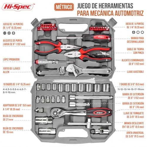 Hi-Spec Juego de Herramientas para Mecánica Automotriz de 67 Piezas. Herramientas Manuales de Bricolaje para Reparación y Mantenimiento de Automóviles, Bicicletas, y Motos. con Maletin de Transporte