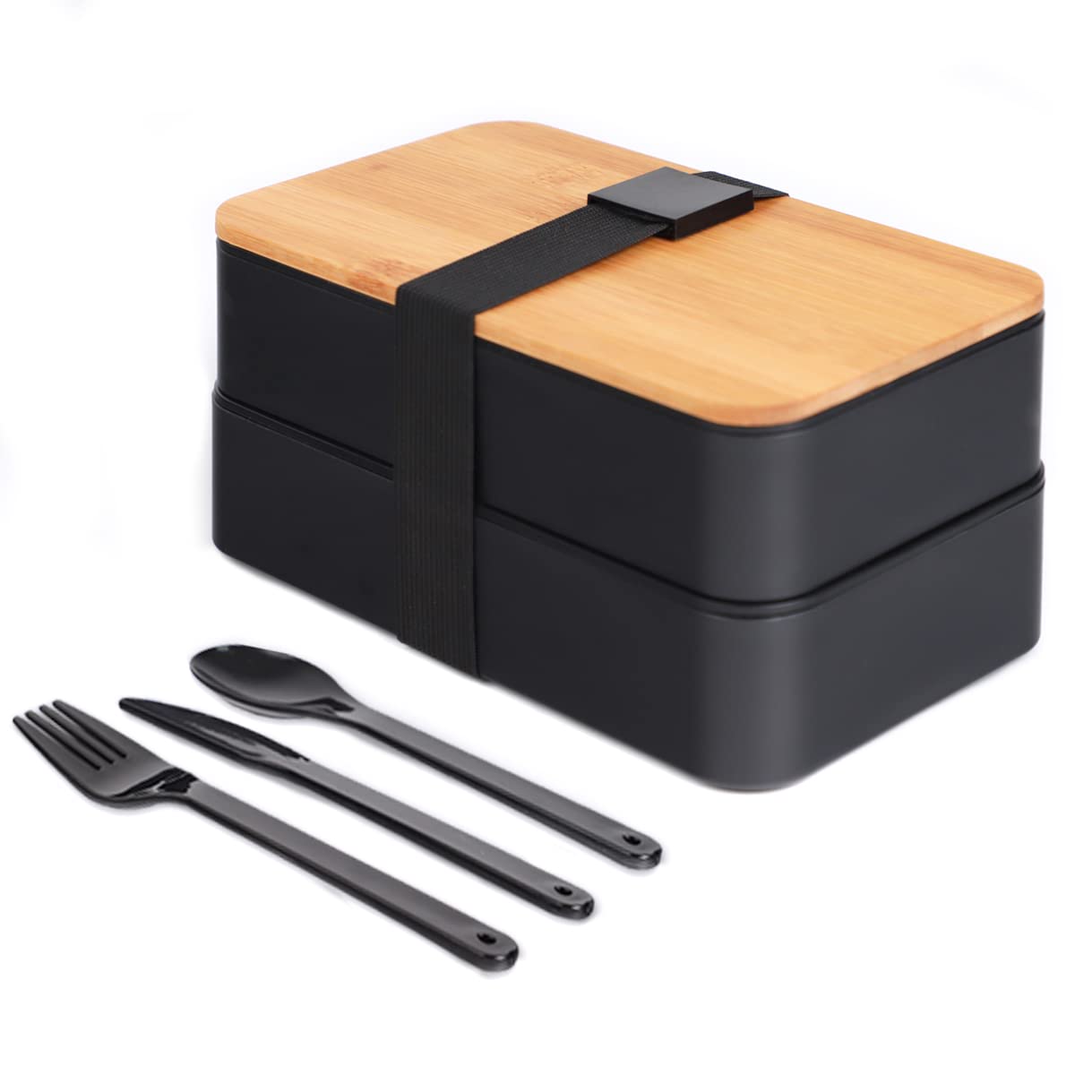 VBOK IGFE Modern Japanese Bento Box 3-Piece Set with Bamboo Lid and 3pcs Cutlery, Rectangular, 1200ml, Black