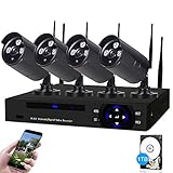 SDETER Security Camera System Wireless HD Outdoor Home Surveillance System 4 Security Cameras NVR Kits Pre-Installed 1TB Hard Drive Remote View Motion Dectection and Night Vision (BIack)