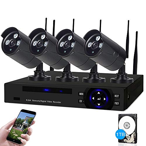 SDETER Security Camera System Wireless HD Outdoor Home Surveillance System 4 Security Cameras NVR Kits Pre-Installed 1TB Hard Drive Remote View Motion Dectection and Night Vision (BIack)