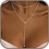 Airmb Lariat Silver/Gold Necklace for Women 925 Silver/14K Gold Plated Dainty Long Necklace Y-Shaped Drop Pendant Necklaces Choker Trendy Chain Simple Layered Necklaces CZ Jewelry for Women Set Gift