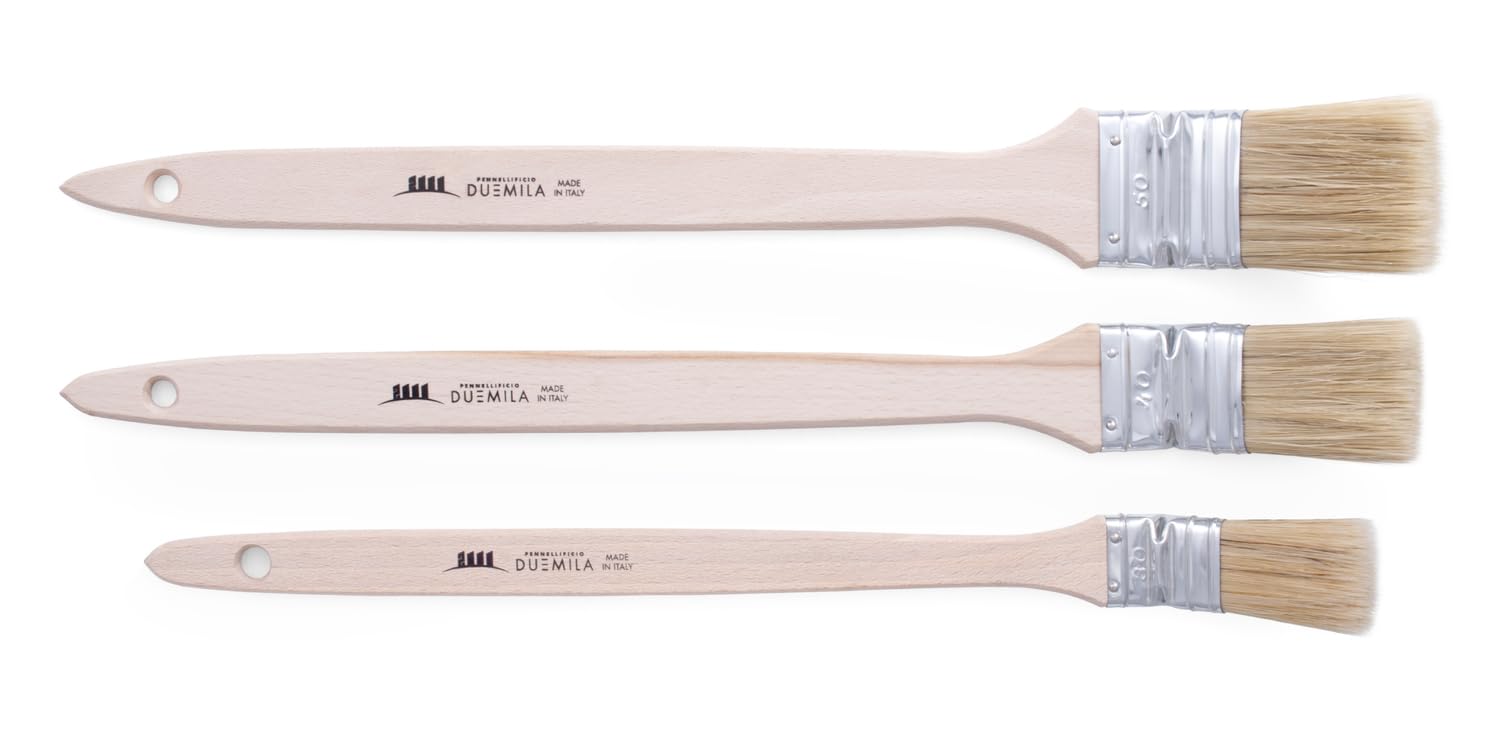 PENNELLIFICIO 2000 | Set of 3 Professional Radiator Brushes with Wooden Handle for Painting Radiators, Profiles and Corners, Brush Diameter 3, 4, 5 cm