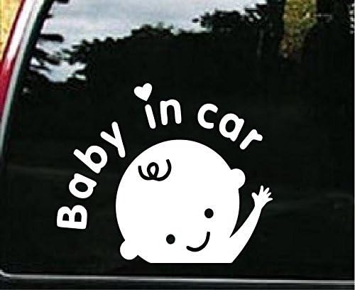 BABY IN CAR Babay Safety Sign 6" (color: WHITE) Vinyl Decal Window for Cars, Trucks, Windows, Walls, Laptops, and other stuff.
