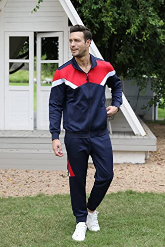 LUCKYOUNG Men’s Causal Tracksuits Set 2 Piece with Full Zip Jogging Running Sweatsuit Dark Blue Red Small