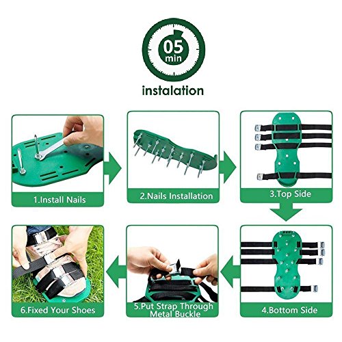 SingPad Lawn aerator shoes,Heavy Duty Aerator Sandals w/Metallic Buckles and 8 Straps,Storage Bag, Spiked Sandals Shoes for Aerating Lawn,Yard,Grass, (Green)