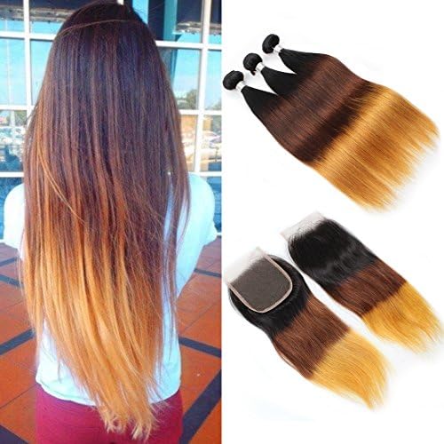 8A Ombre Brazilian Straight Hair Bundles With Closure 1-4-27# 3 Tone Color Ombre Bundles With 4x4 Free Part Lace Closure Remy Silky Straight Human Hair Weave Bundles (12 14 16+12)