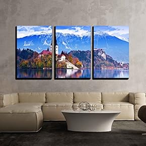 3 Piece Canvas Wall Art - Bled with Lake, Island, Castle and Mountains in Background, Slovenia, Europe - Modern Home Art Stretched and Framed Ready to Hang - 16"x24"x3 Panels