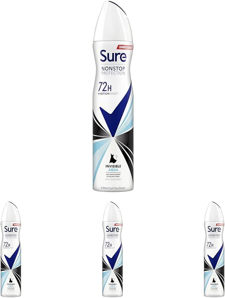 Sure Invisible Aqua Nonstop Protection Antiperspirant Aerosol 250 ml Pack of 4