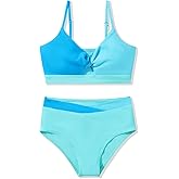 Girls Swimsuit Color Block Twist Bathing Bikini Suit Adjustable Straps Girls 2 Piece Swimsuit 7-14 Years
