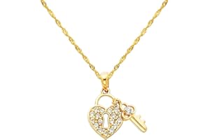 The World Jewelry Center 14k Yellow Gold CZ Heart Lock & Key Pendant with 0.9mm Singapore Chain Neckalce