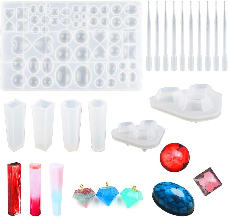 17 Pack Cabochons Gem Resin Silicone Molds, Jewelry Casting Mold for Patch& Diamond Pendant, Resin, Clay, Jewelry Making, Come with 10 Droppers