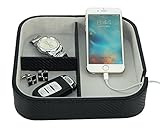 Three Compartment Black Carbon Fiber Catchall Charging Station Phone Case Coin Tray Valet Tray for Keys, Phone, Jewelry, Valet, Accessories