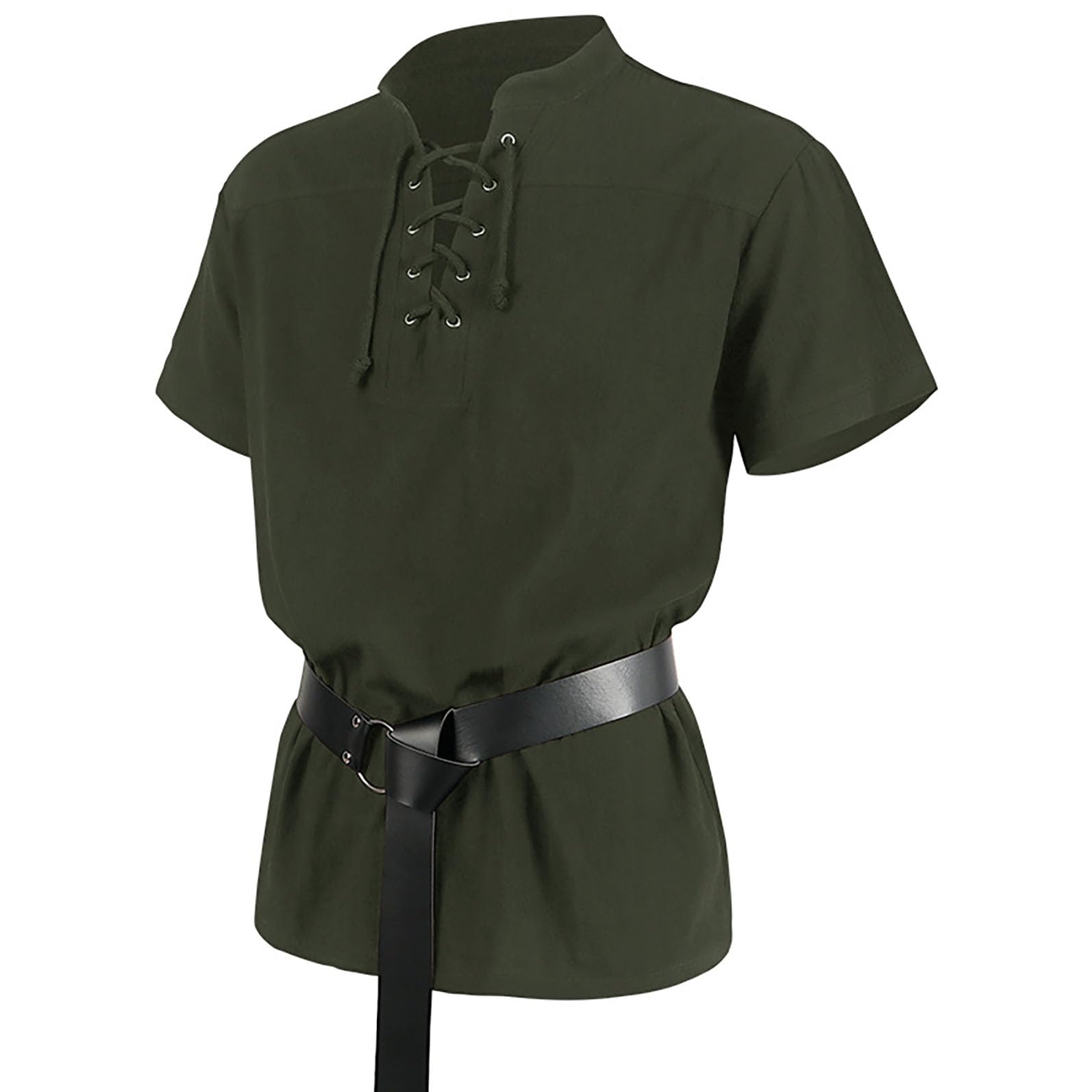 Velcoxplay Men's Medieval Shirt with Lacing, Pirate Shirt, Viking Tunic, Steampunk Retro Renaissance Gothic Halloween Costume with Belt, Green, XL