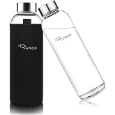 Ryaco Borosilicate Glass Water Bottle 33oz/1L/1000ml BPA-Free Leak Proof Ideal for School Home Office Travel Sport Yoga Gym Hot Cold Drinks with Portable Neoprene Carrying Sleeve and Sponge Brush