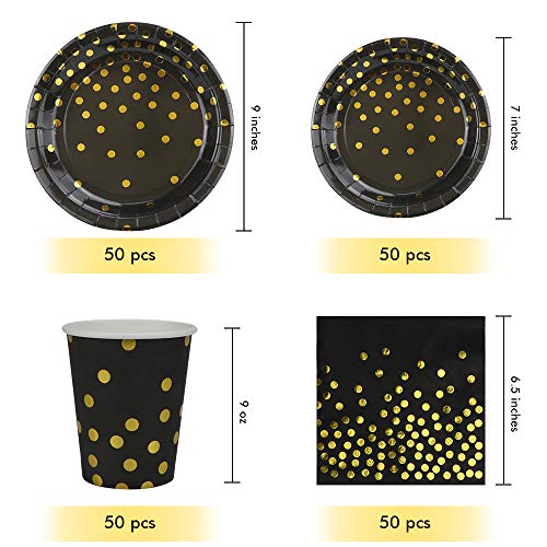 Black and Gold Party Supplies - 200PCS Disposable Black Paper Plates Dinnerware Set Gold Dots 50 Dinner Plates 50 Dessert Plates 50 9oz Cups 50 Napkins Wedding Birthday Party Baby Shower Christmas