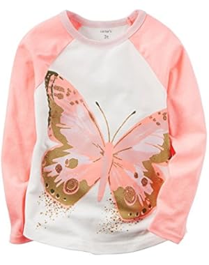 Girl L/S Glitter Butterfly Graphic Raglan Tee; Peach & Cream