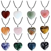 LE SKY 20 Pcs Natural Stone Necklace Healing Heart Gemstone Pendants Crystal Charms PU Leather Cord for Women Jewelry Gift