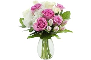 KaBloom Flowers - Bouquet of 5 Pink 5 White Rose 1 White Hydrangea 5 Pink Tulip With Lush Greens With Vase - Gift for Birthday, Sympathy, Anniversary,Thank You, Valentine, Mother’s Day Fresh Flowers