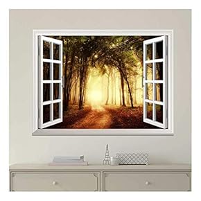 Modern White Window Looking Out Into a Road That Leads to a Bright Forest - Wall Mural, Removable Sticker, Home Decor - 24x32 inches