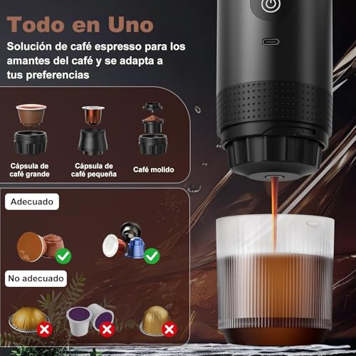 Cafetera Espresso Portátil, Cafetera Eléctrica MINI, Máquina de Café de Mano con Infusión en Frío y Calentamiento 4-6 Minutos Auto, Máquina Espresso con Café Molido y Cápsulas NS, Fácil de Limpiar