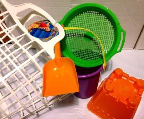 Toddler Sand Toys with Bag (Basket) - 5 Piece Beach Toys Set with Sand Bucket / Pail and Shovel, Sand Sifter, and Castle Mold by AdOneGifts