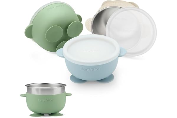 PandaEar 3 Pack Stainless Steel Baby Suction Bowls with Lid, Non-Slip Child Food Bowl with Silicone Sleeve for Kids Toddlers
