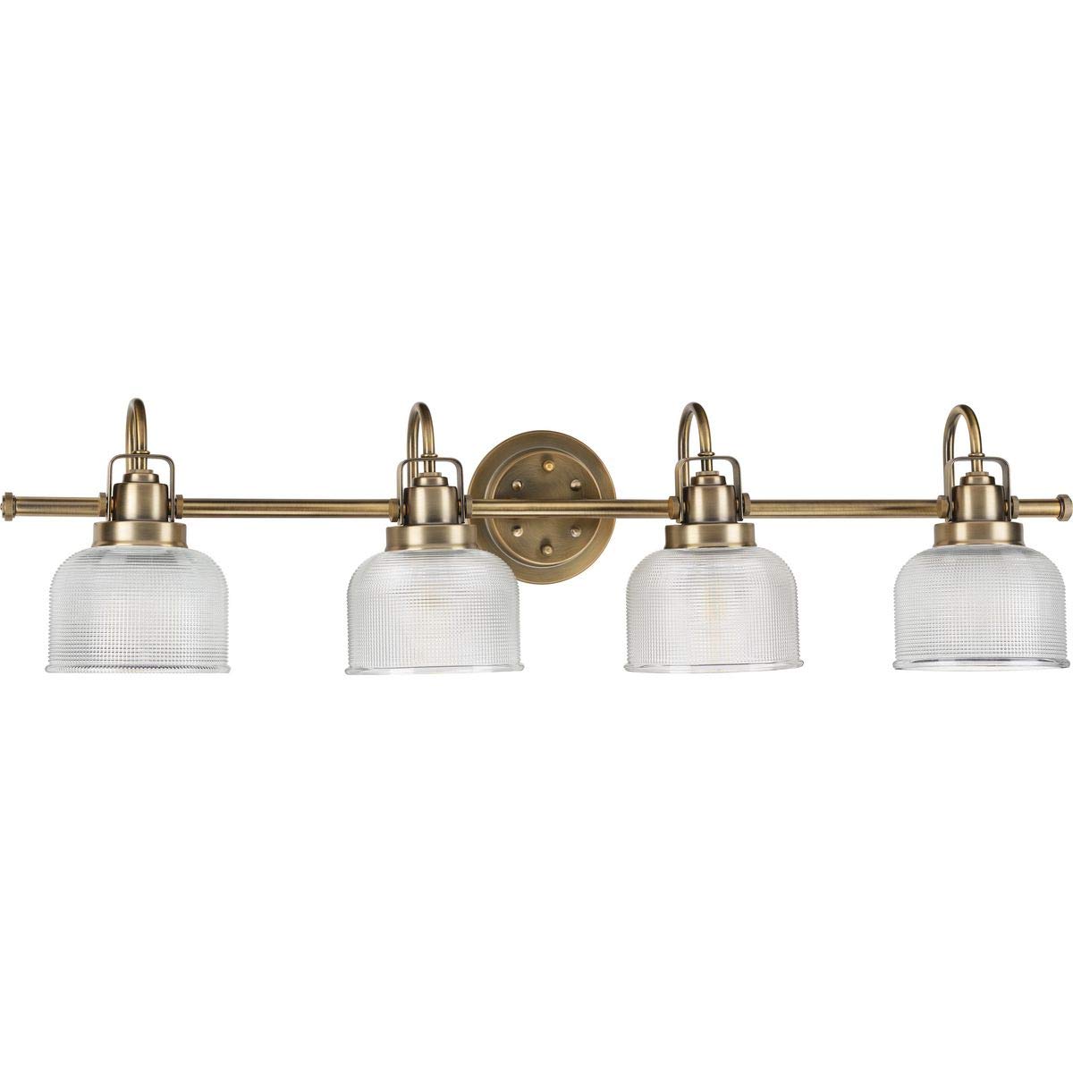 Progress Lighting P2997-163 Archie Collection Clear Double Prismatic Glass Coastal Bath Vanity, 4-Light, Vintage Brass Image Progress Lighting P2997-163 Archie Collection Clear Double Prismatic Glass Coastal Bath Vanity, 4-Light, Vintage Brass Image