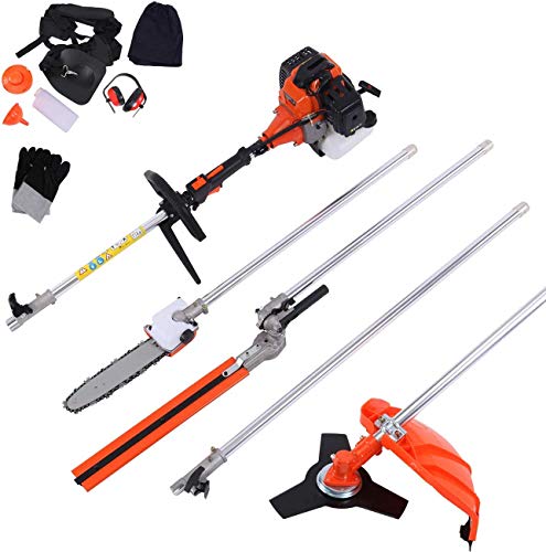 EASYG 5 in 1 52cc Multifunctional Lawn Mower Gasoline Fence Trim Electromechanical Saw Brush Cutter Rod Saw with Earmuffs and Safety Gloves