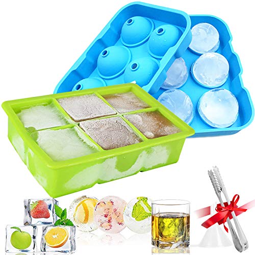 Ice Cube Trays, Ice Cube Tray with Lid, Large Silicone Ice Cube Tray, Ice Ball Mould & Funnel, Whiskey Ice Ball Maker Ice Clip, Easy to Release Spill-Resistant, Food Grade Materials, Blue/Green