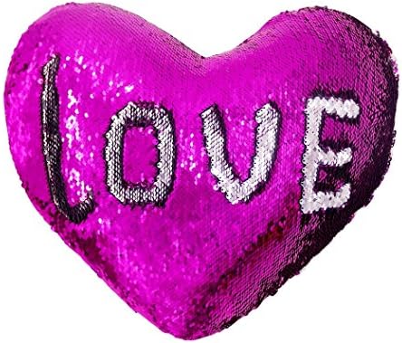 JING GREAT Mermaid Throw Pillow with Insert,Two-color Heart Shape Reversible Sequins Decorative Pillow. 13''×15'' (Rose Red+Silver)
